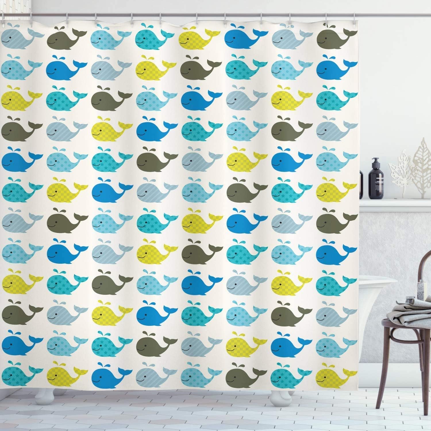 Small Aquatic Life Animal Shower Curtain With Little Tiny Colored Whales In Row And In Cartoon Style Bathroom Decors