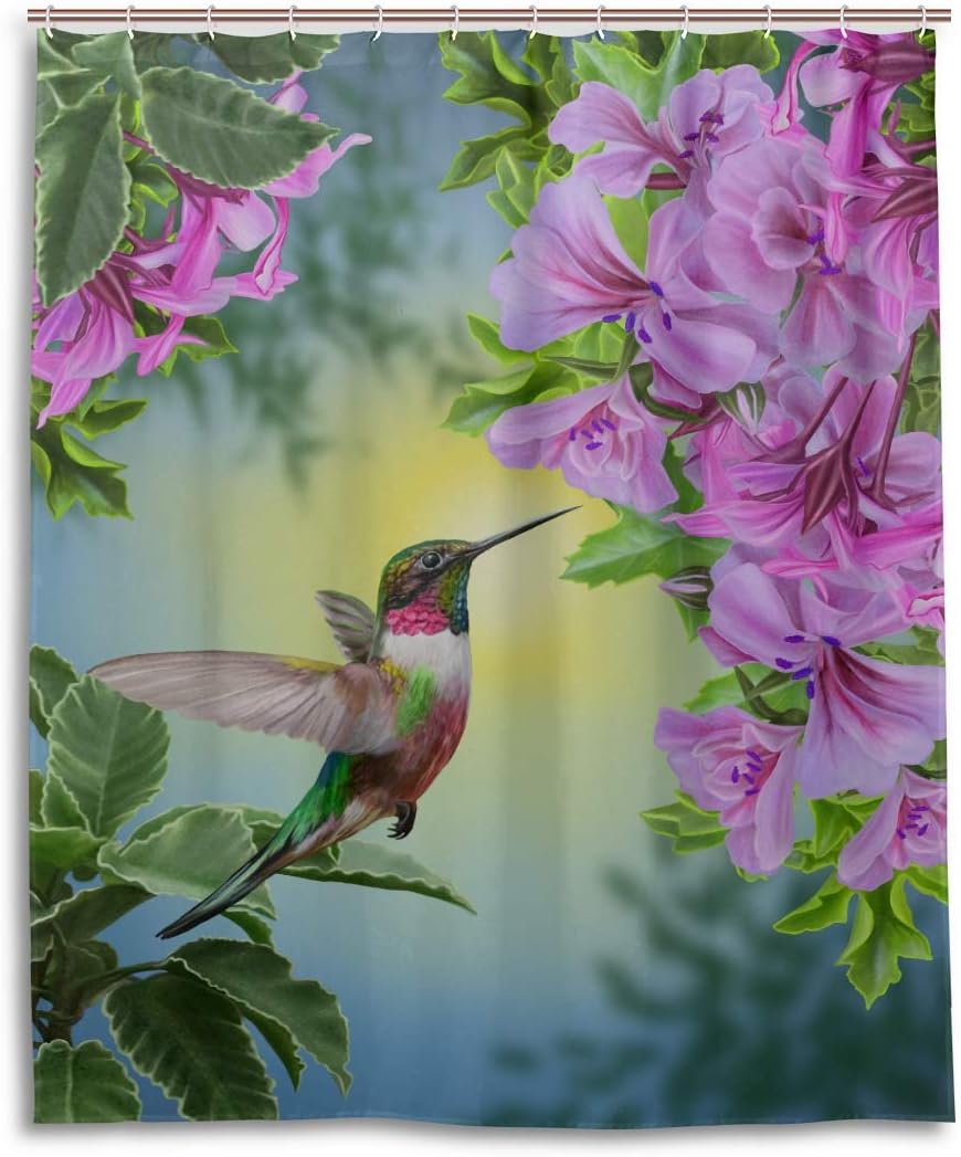Small Bird Hummingbird Shower Curtain In Pink, Girls Bathroom Accessory