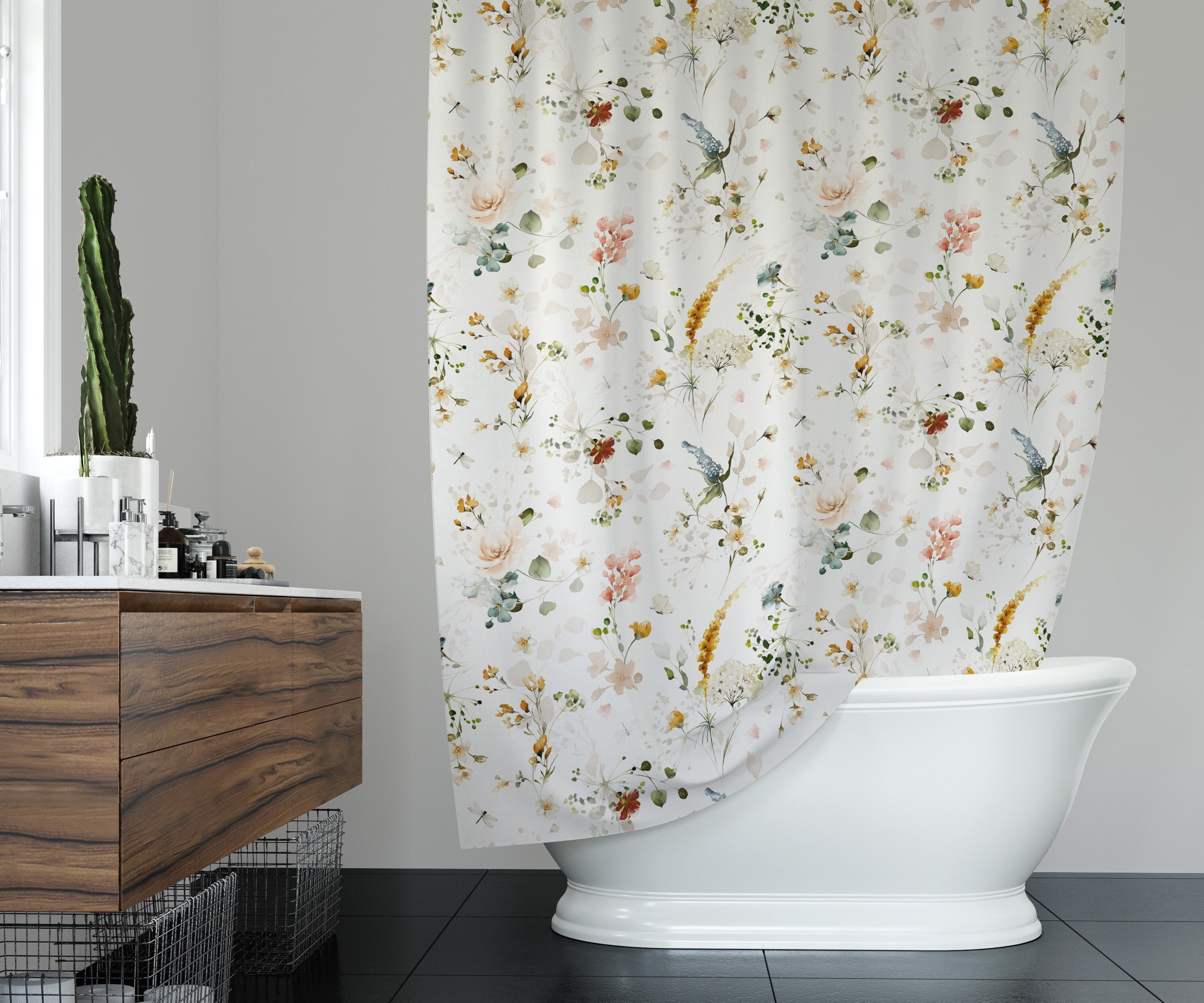 Small Flower Watercolor Shower Curtain - Classy Botanical Bathroom Decor, Elegant Floral Theme
