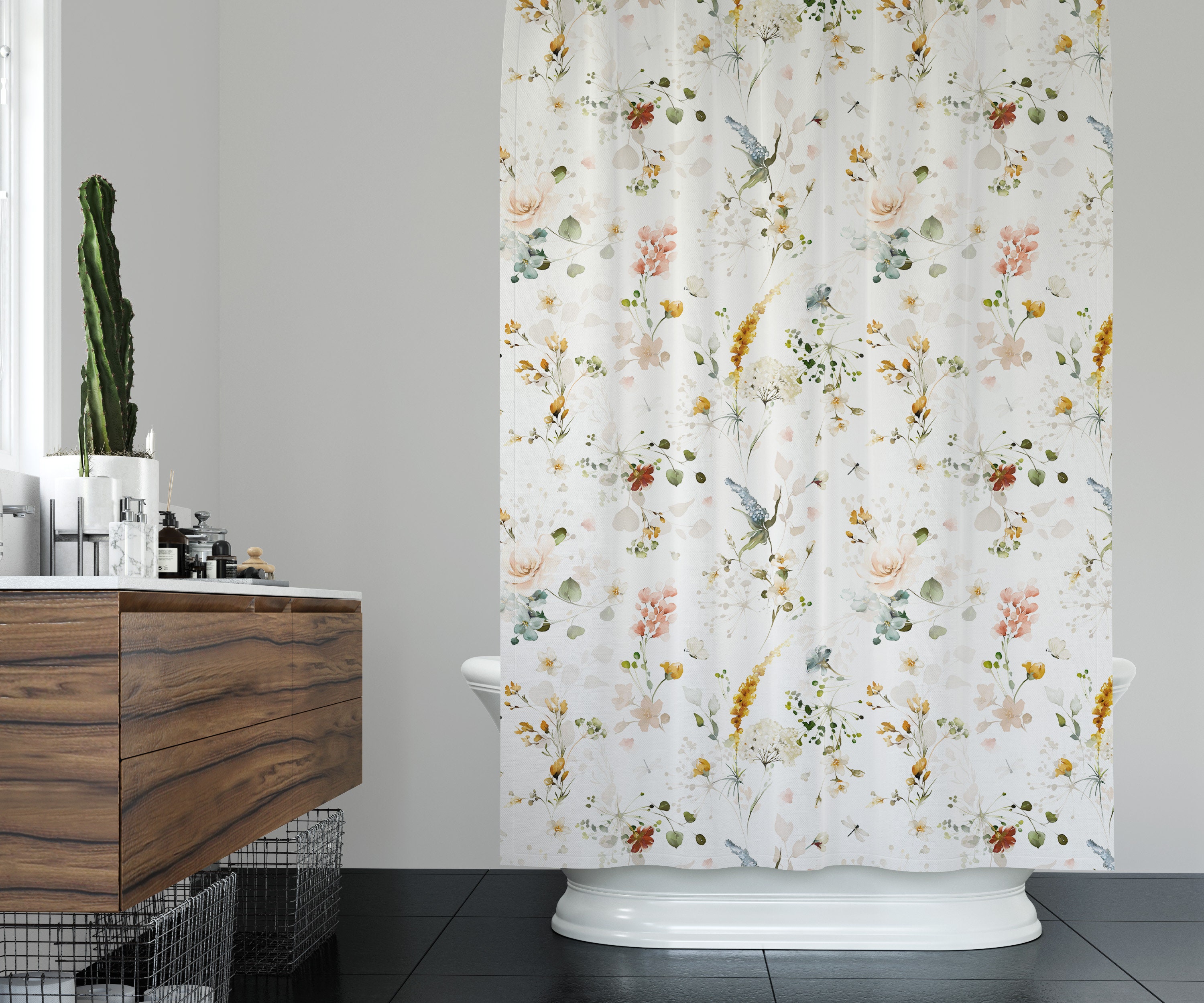 Small Flower Watercolor Shower Curtain - Classy Botanical Bathroom Decor, Elegant Floral Theme