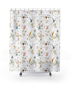 Small Flower Watercolor Shower Curtain - Classy Botanical Bathroom Decor, Elegant Floral Theme