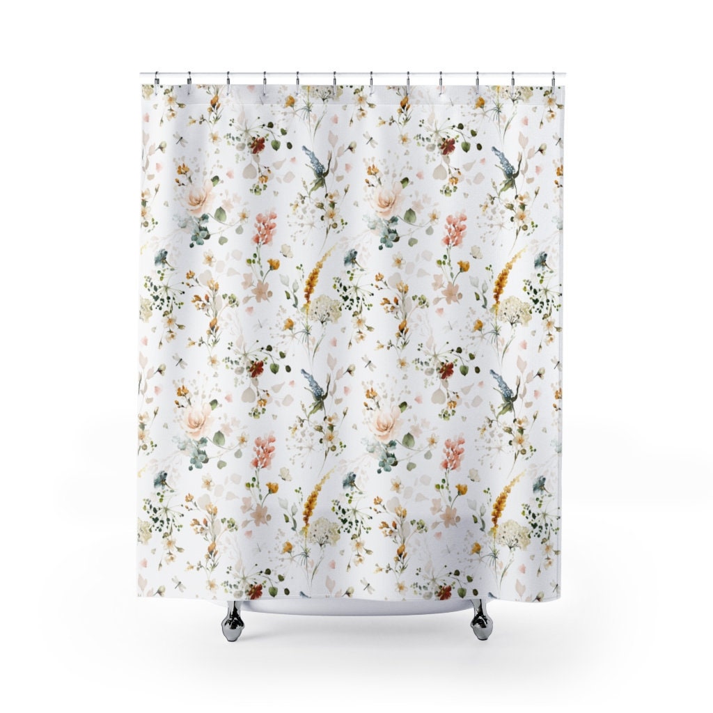 Small Flower Watercolor Shower Curtain - Classy Botanical Bathroom Decor, Elegant Floral Theme