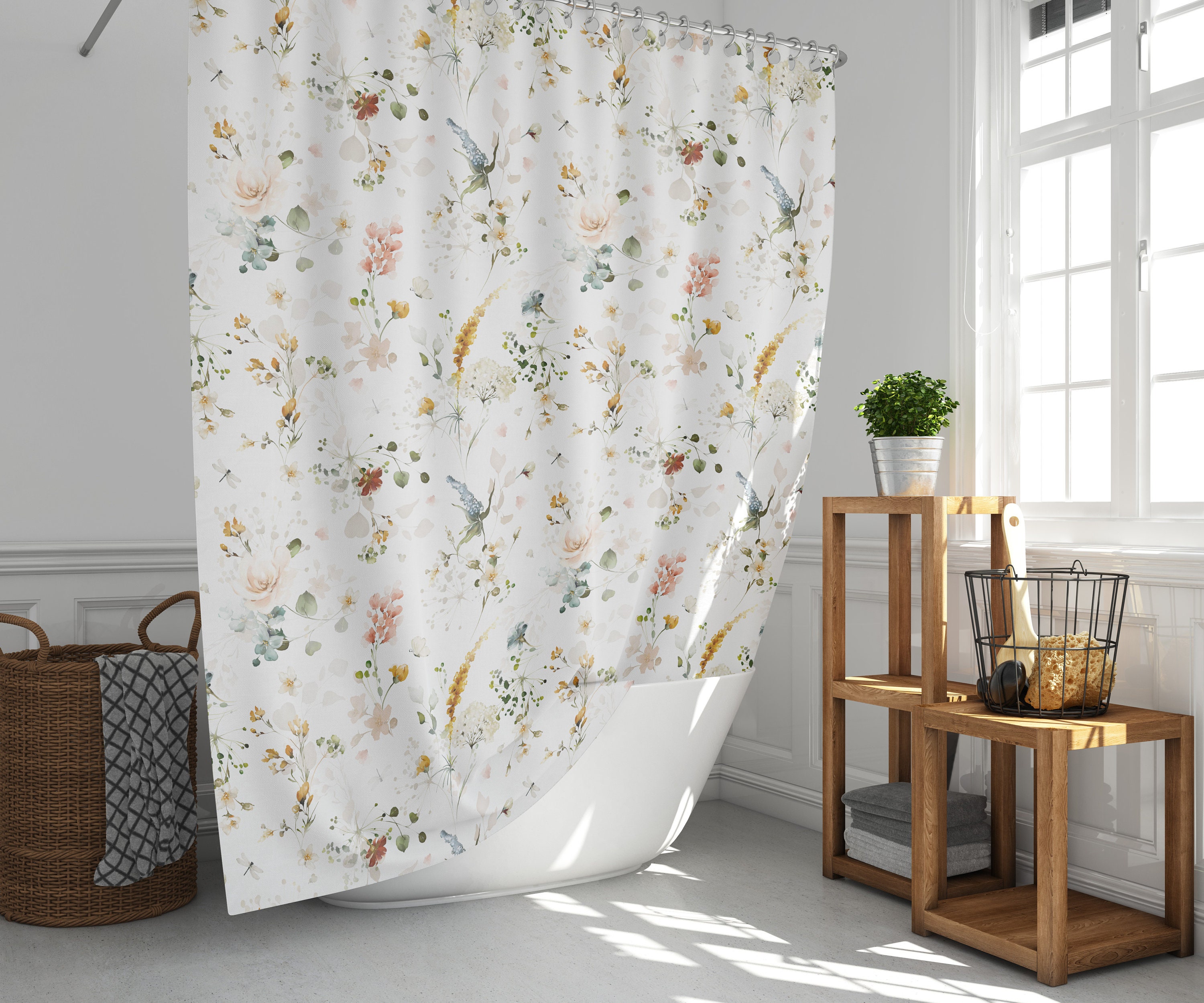 Small Flower Watercolor Shower Curtain - Classy Botanical Bathroom Decor, Elegant Floral Theme