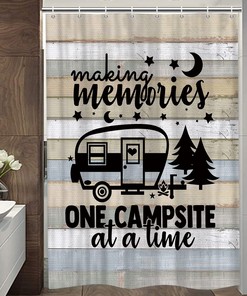 Small Narrow Shorter Fabric Shower Curtain Set For Camper Rv Travel Trailer Bathroom With Rustic Wooden Stall Design