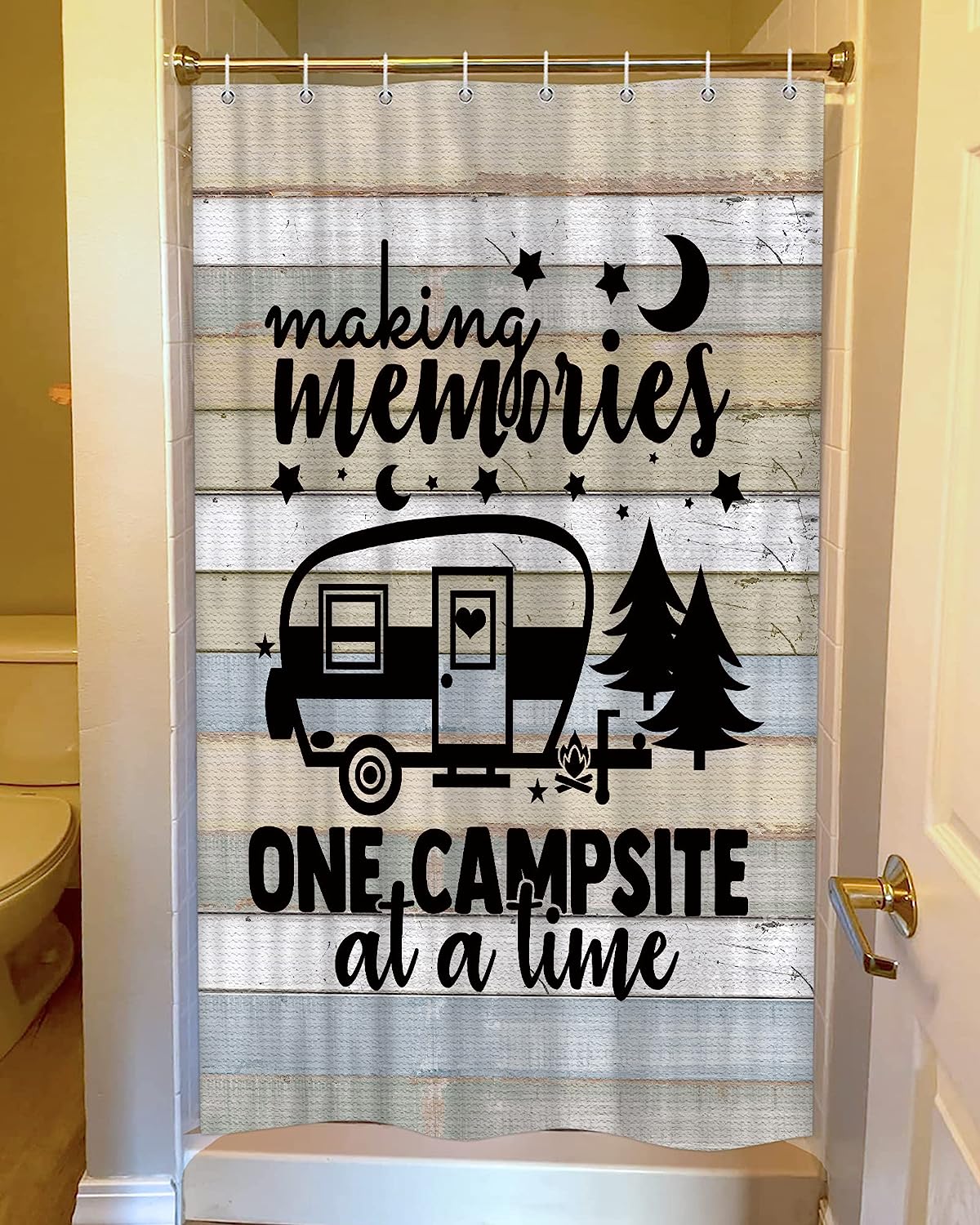 Small Narrow Shorter Fabric Shower Curtain Set For Camper Rv Travel Trailer Bathroom With Rustic Wooden Stall Design - Image 2