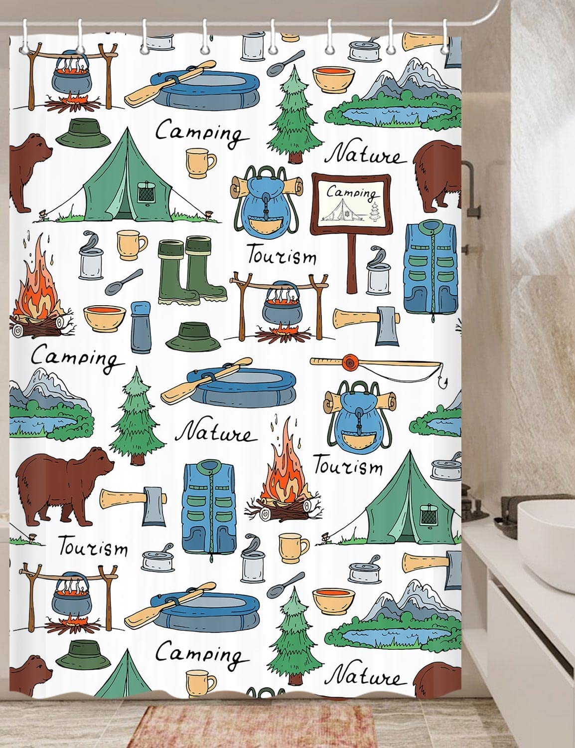 Small Narrow Shorter Fabric Shower Curtain Set With Farmhouse Camping Rules Quote