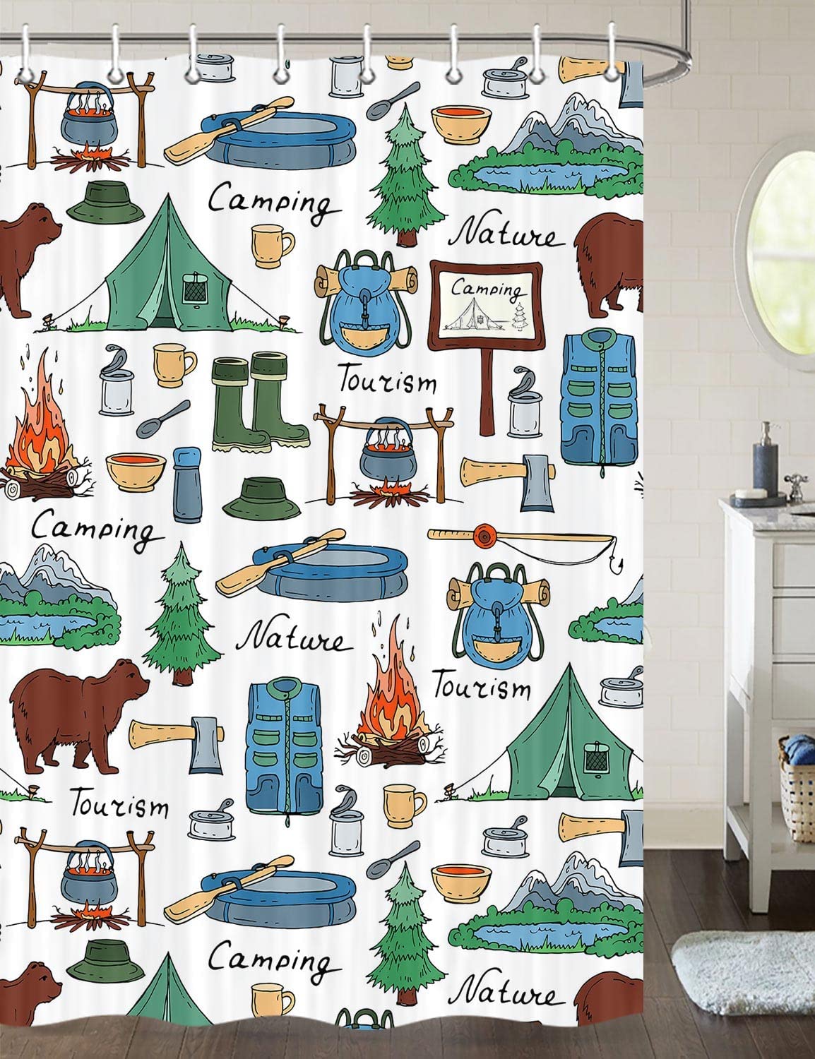 Small Narrow Shorter Fabric Shower Curtain Set With Farmhouse Camping Rules Quote - Image 2