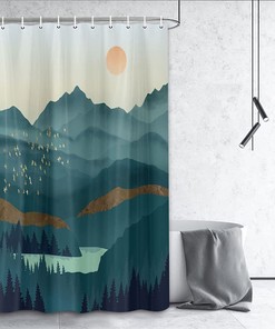 Small Shower Curtain with a Mountain Sun Print Perfect for RV Campers
