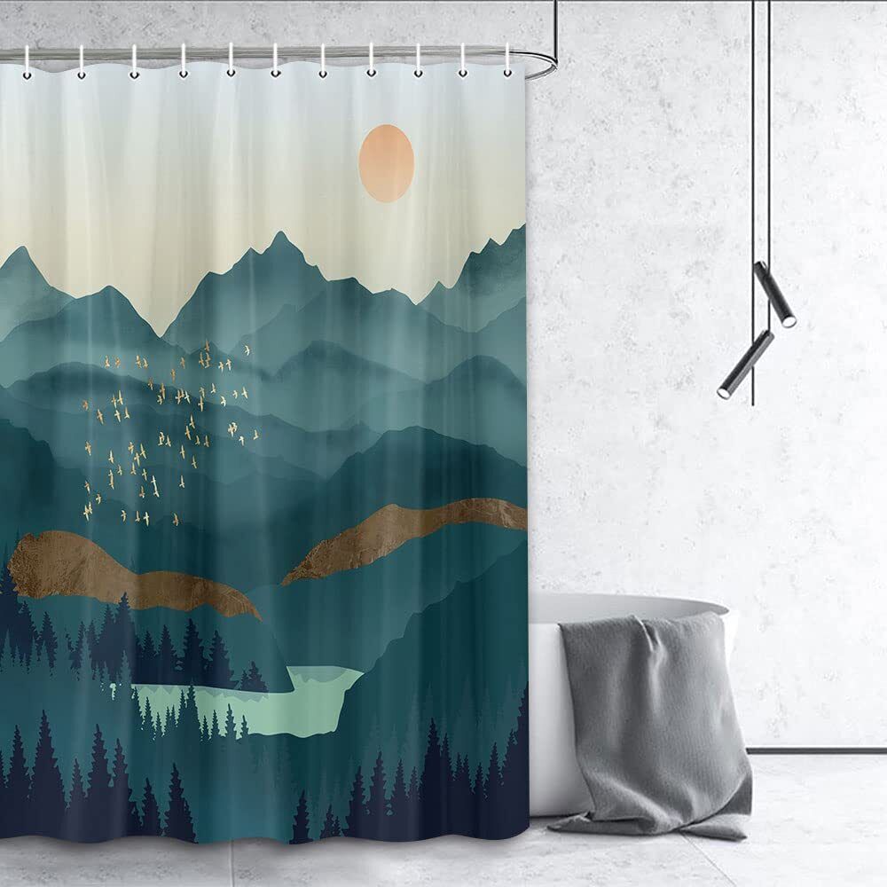 Small Shower Curtain with a Mountain Sun Print Perfect for RV Campers