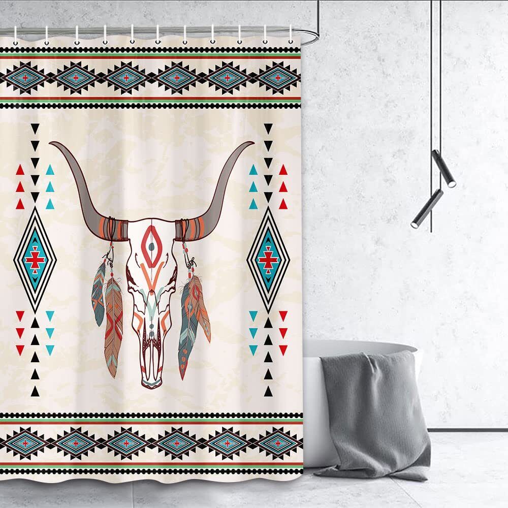 Small Waterproof Fabric Shower Curtain With Bull Skull For Rv Camper Bathroom