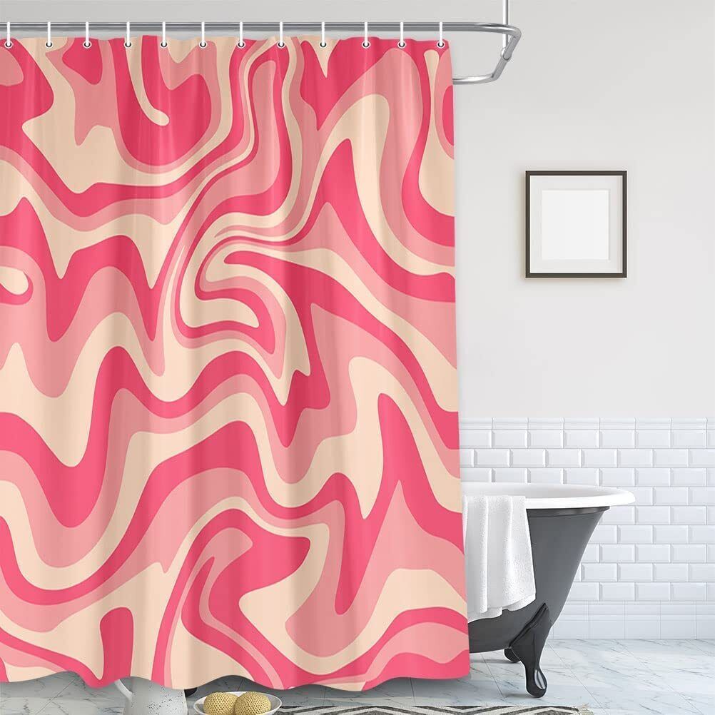 Small Waterproof Pink and White Shower Curtain for RV or Camper