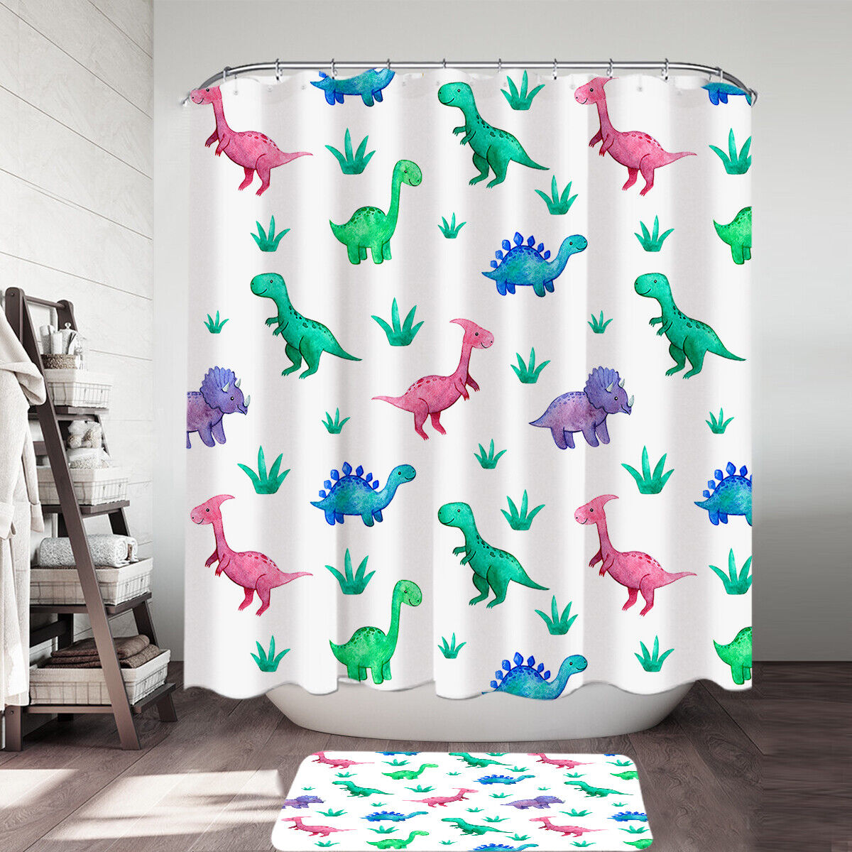 Smiling Dinosaur Kids Shower Curtain For Fun And Educational Bathroom Decor