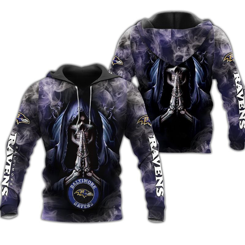 Smoke Background Skull Graphic All Over Print Baltimore Ravens Hoodie 3D Gifts For Fans