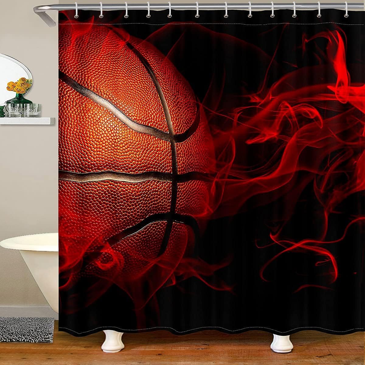 Smoky Fog Basketball Shower Curtain- Summer Sports Games Bathroom Decor