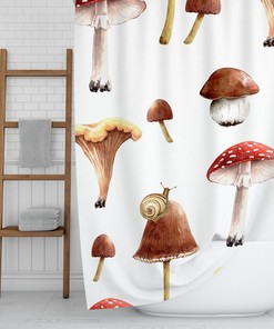 Snail Boho Mushroom Shower Curtain - White Red Beige Brown Nature Inspired Bathroom Decor