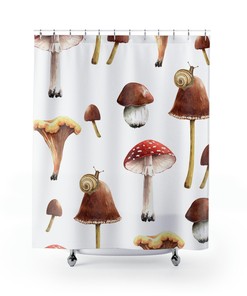 Snail Boho Mushroom Shower Curtain - White Red Beige Brown Nature Inspired Bathroom Decor