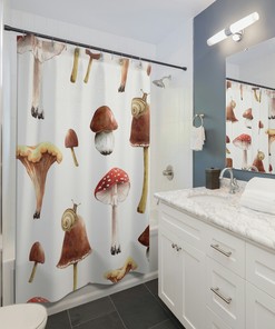 Snail Boho Mushroom Shower Curtain - White Red Beige Brown Nature Inspired Bathroom Decor