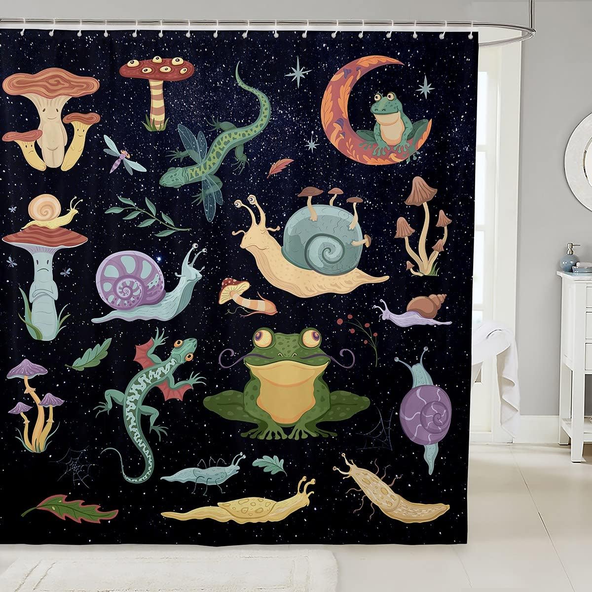 Snail Gecko Frog Dragonfly Mushroom Shower Curtain for Kids Boys Teens Room Decor
