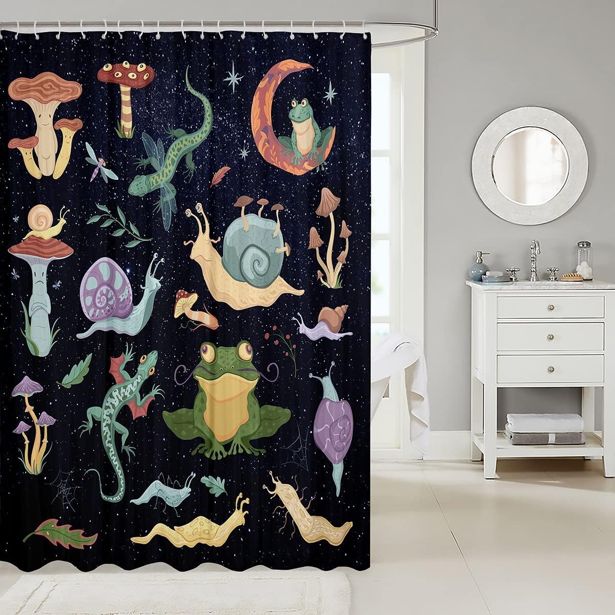Snail Gecko Frog Dragonfly Mushroom Shower Curtain for Kids Boys Teens Room Decor