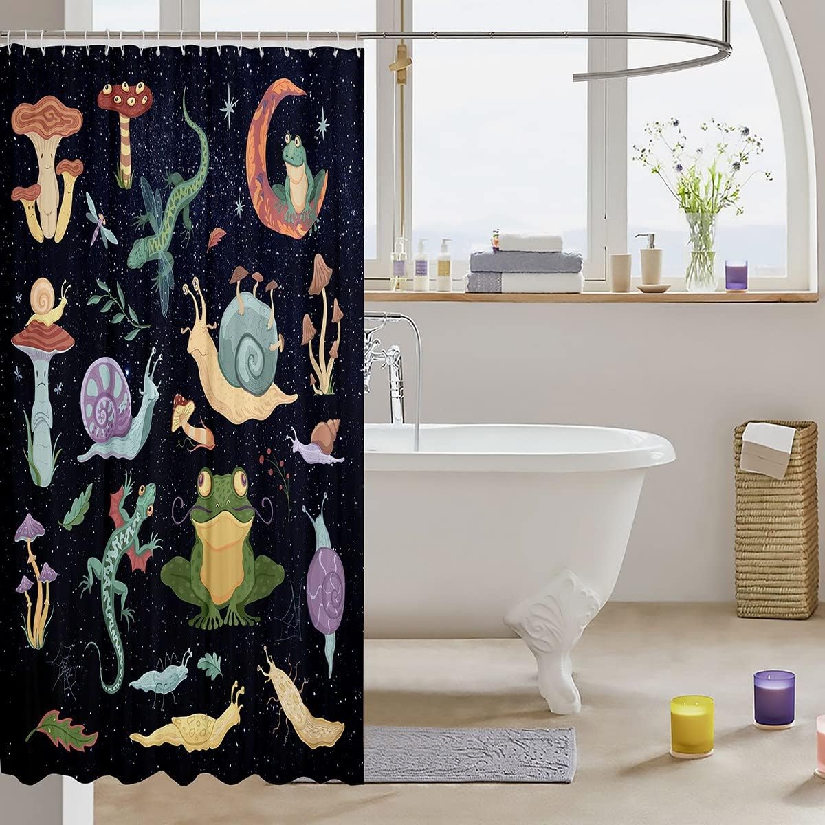 Snail Gecko Frog Dragonfly Mushroom Shower Curtain for Kids Boys Teens Room Decor