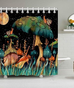 Snail Mushroom Moon and Star Shower Curtain for Quick-Drying and Washable Whimsical Bathroom 