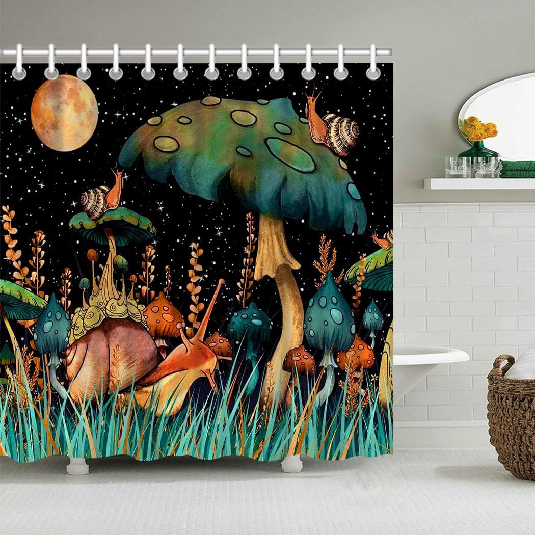 Snail Mushroom Moon and Star Shower Curtain for Quick-Drying and Washable Whimsical Bathroom