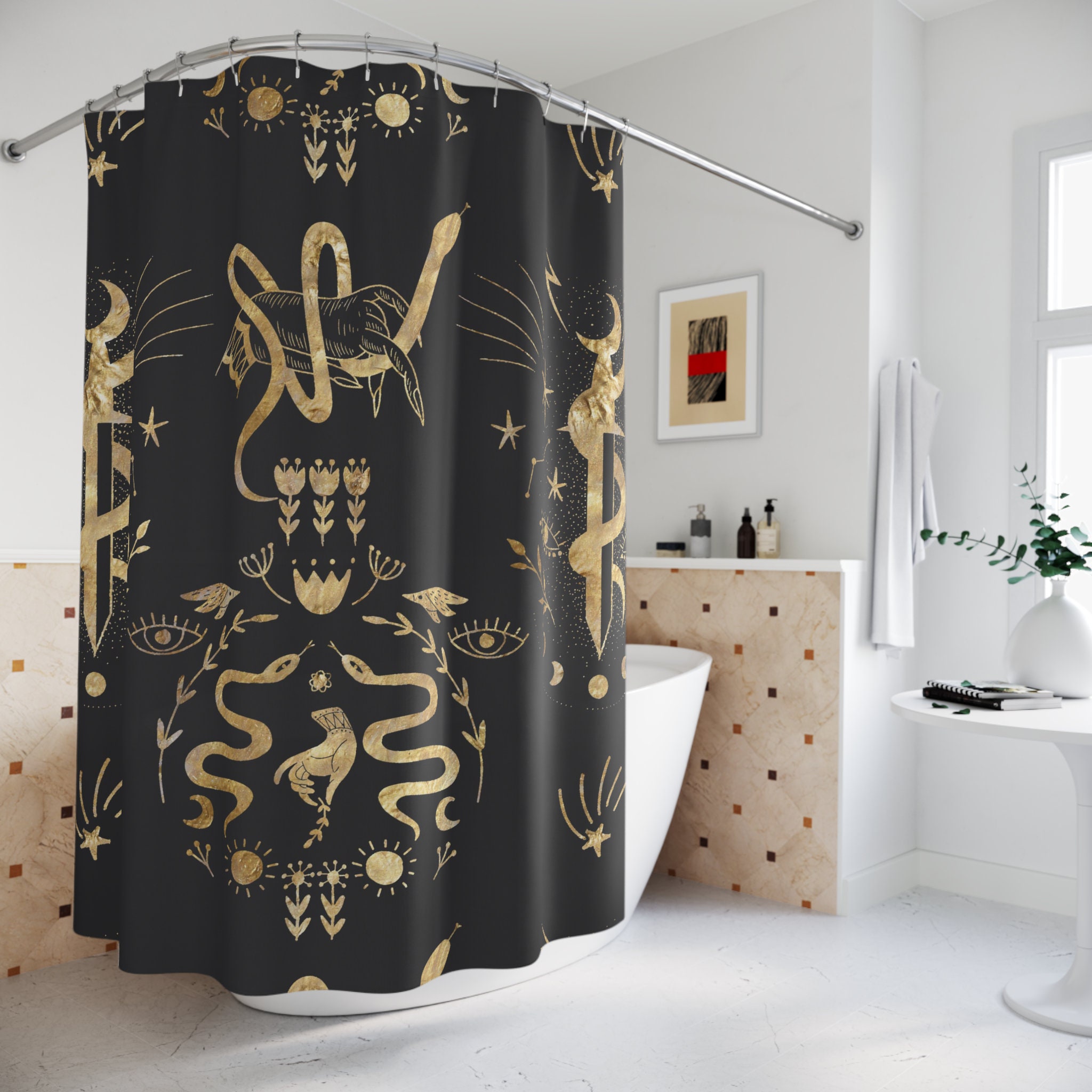 Snake Moon Phases Dark Boho Shower Curtain For Esoteric Bathroom Decor - Image 2