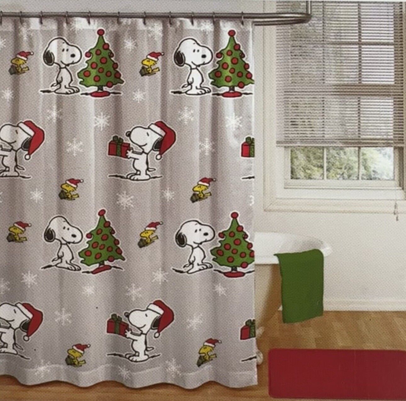 Snoopy and Woodstock Christmas Shower Curtain Set - Festive Bathroom Decor