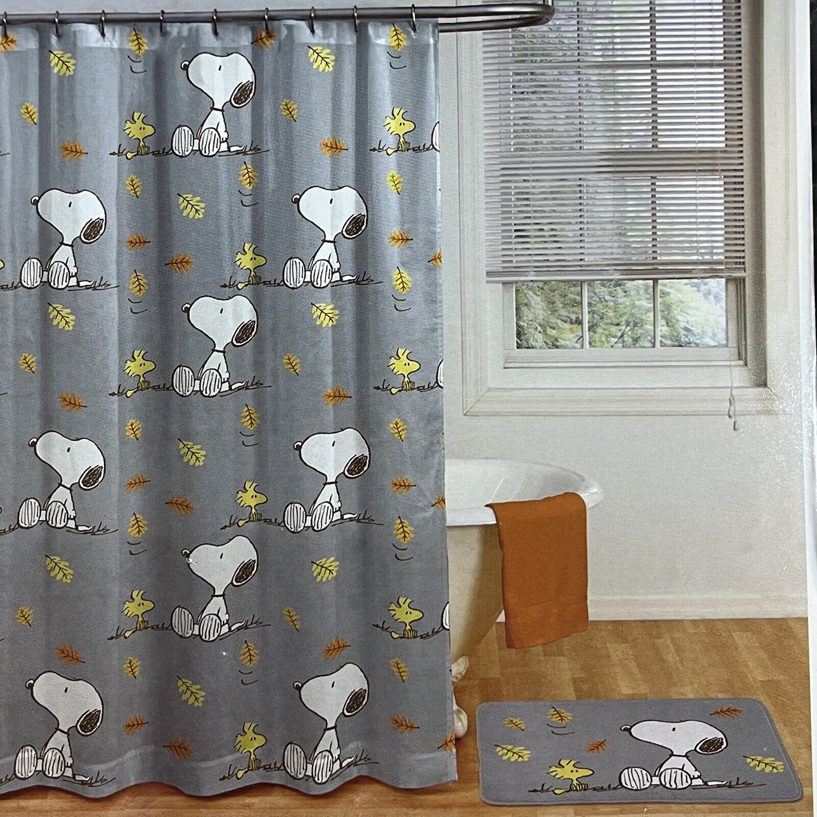 Snoopy and Woodstock Fall Autumn Shower Curtain Set - Nature-Inspired Bathroom Decor