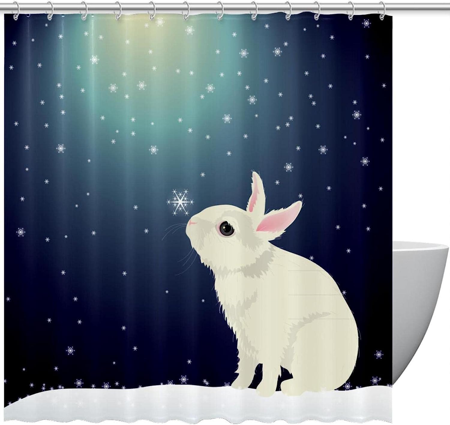 Snow Bunny Moonlight Snowflake Fabric Shower Curtain for Bathroom Decor