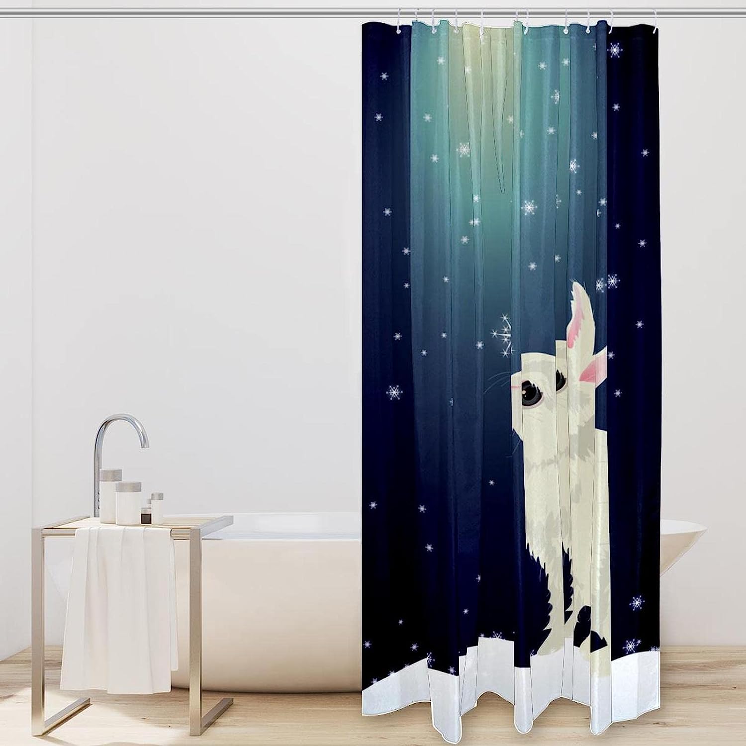 Snow Bunny Moonlight Snowflake Fabric Shower Curtain for Bathroom Decor