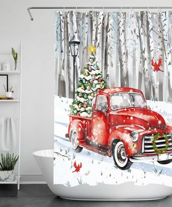 Snow Forest Cardinals Red Truck Christmas Tree Shower Curtain for Bathroom Decor