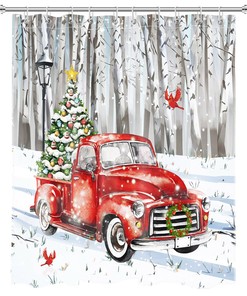 Snow Forest Cardinals Red Truck Christmas Tree Shower Curtain for Bathroom Decor
