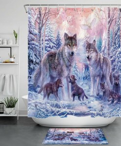 Snow Forest Wolf Shower Curtain Set For Rustic Bathroom Decor With Beautiful Scenery