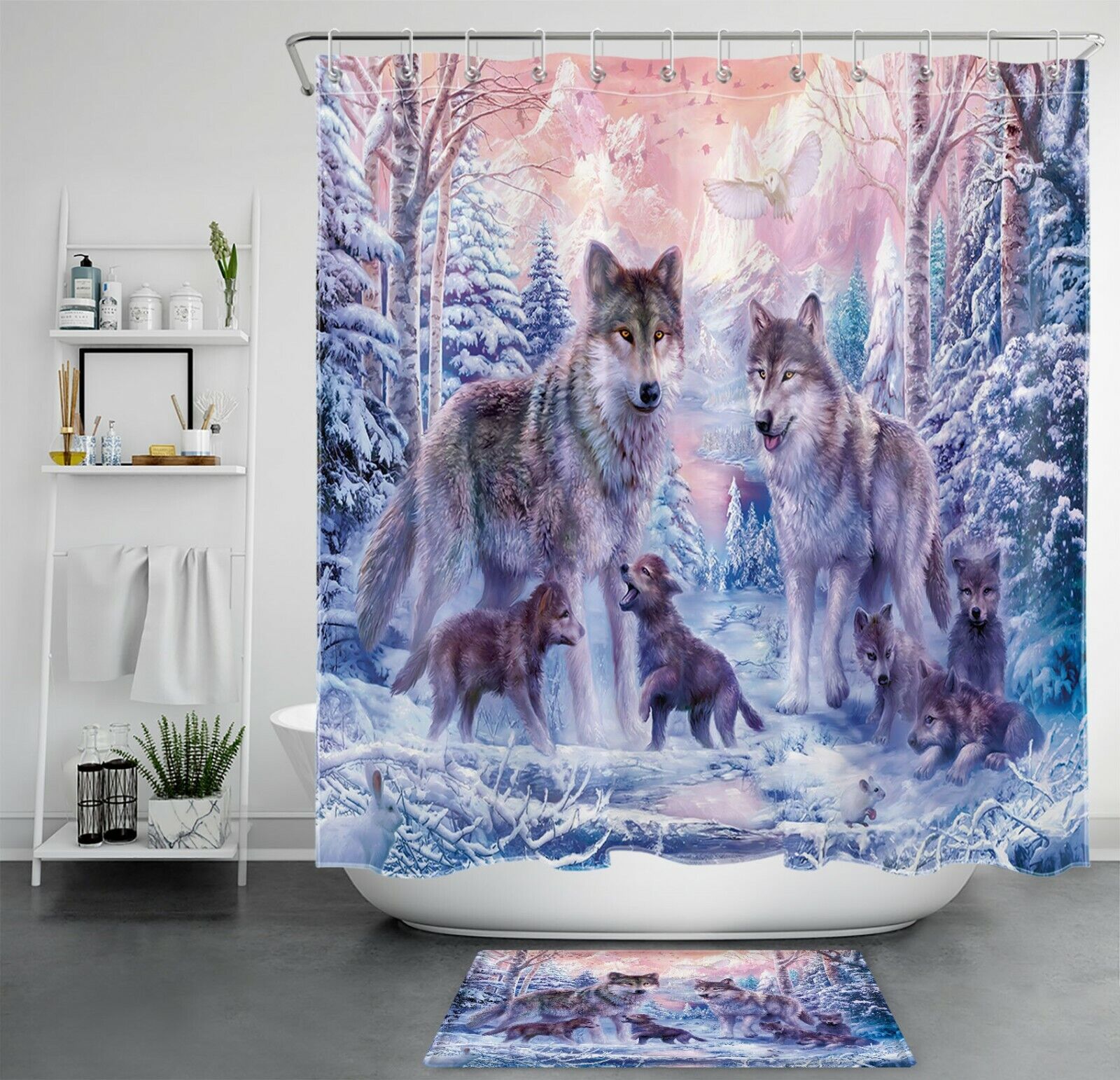 Snow Forest Wolf Shower Curtain Set For Rustic Bathroom Decor With Beautiful Scenery