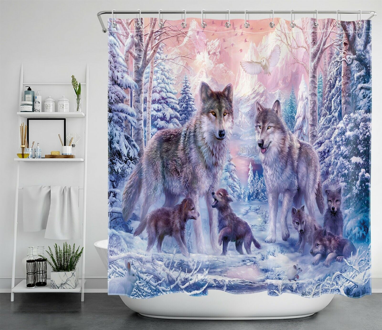Snow Forest Wolf Shower Curtain Set For Rustic Bathroom Decor With Beautiful Scenery - Image 2