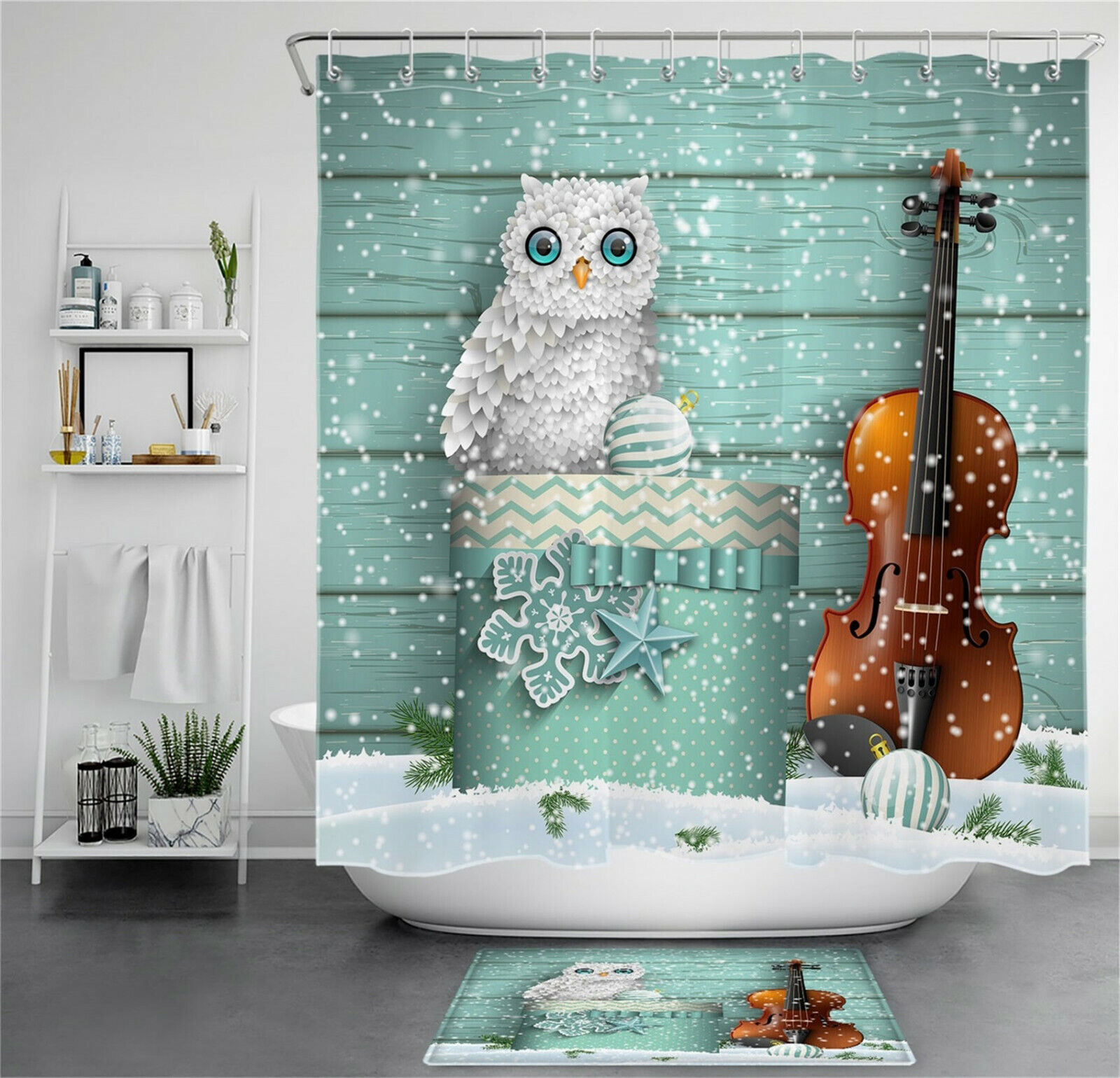 Snow White Owl Shower Curtain On A Green Plank Background