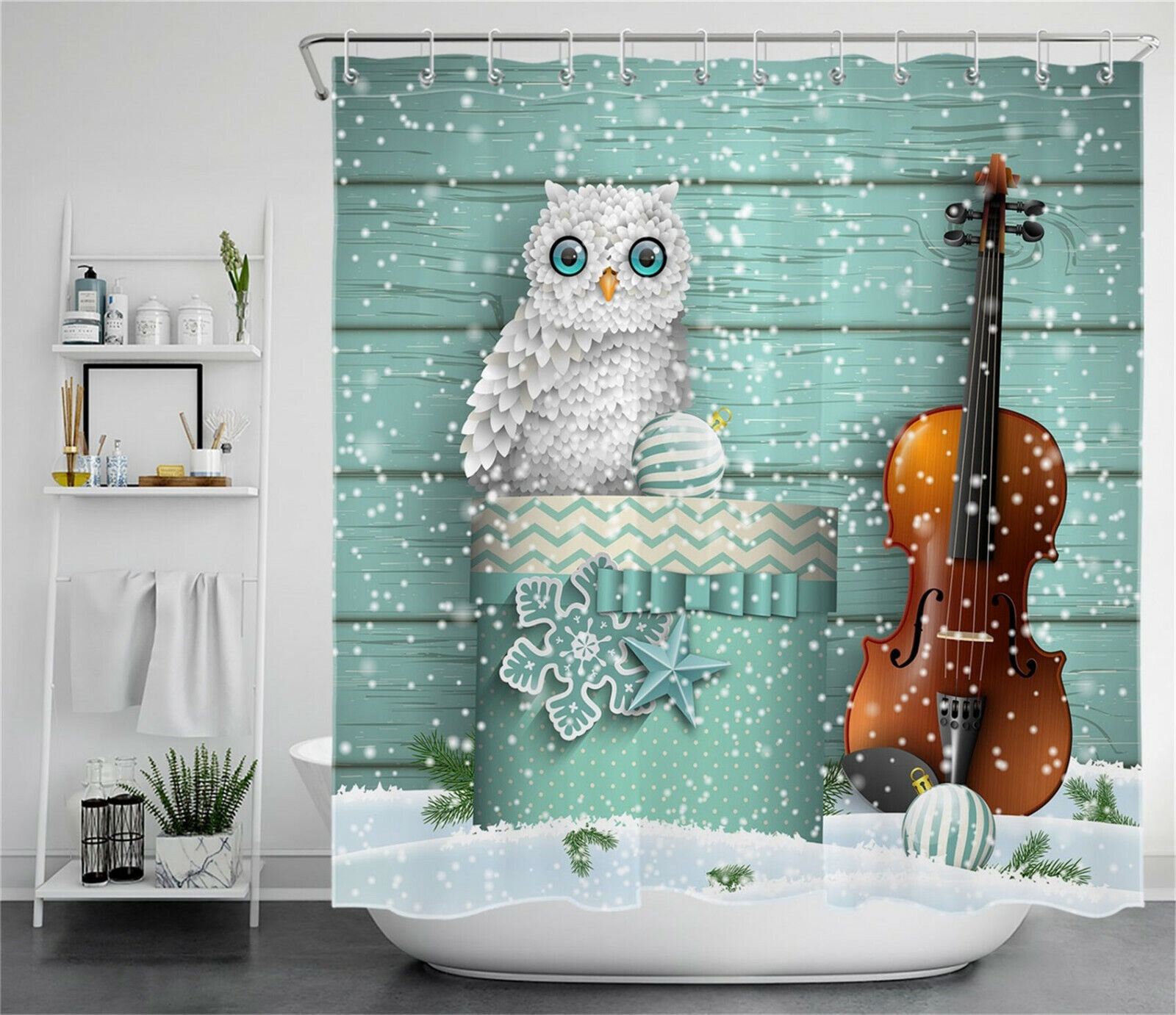 Snow White Owl Shower Curtain On A Green Plank Background - Image 2