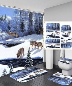 Snowfield Forest Wolf Pack Print Waterproof Shower Curtain Set