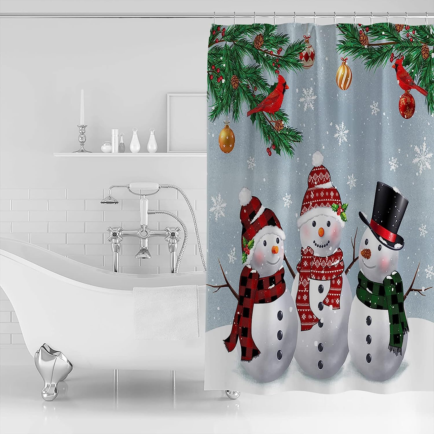 Snowflake Cardinals Snowman Luxury Shower Curtain for Bathroom