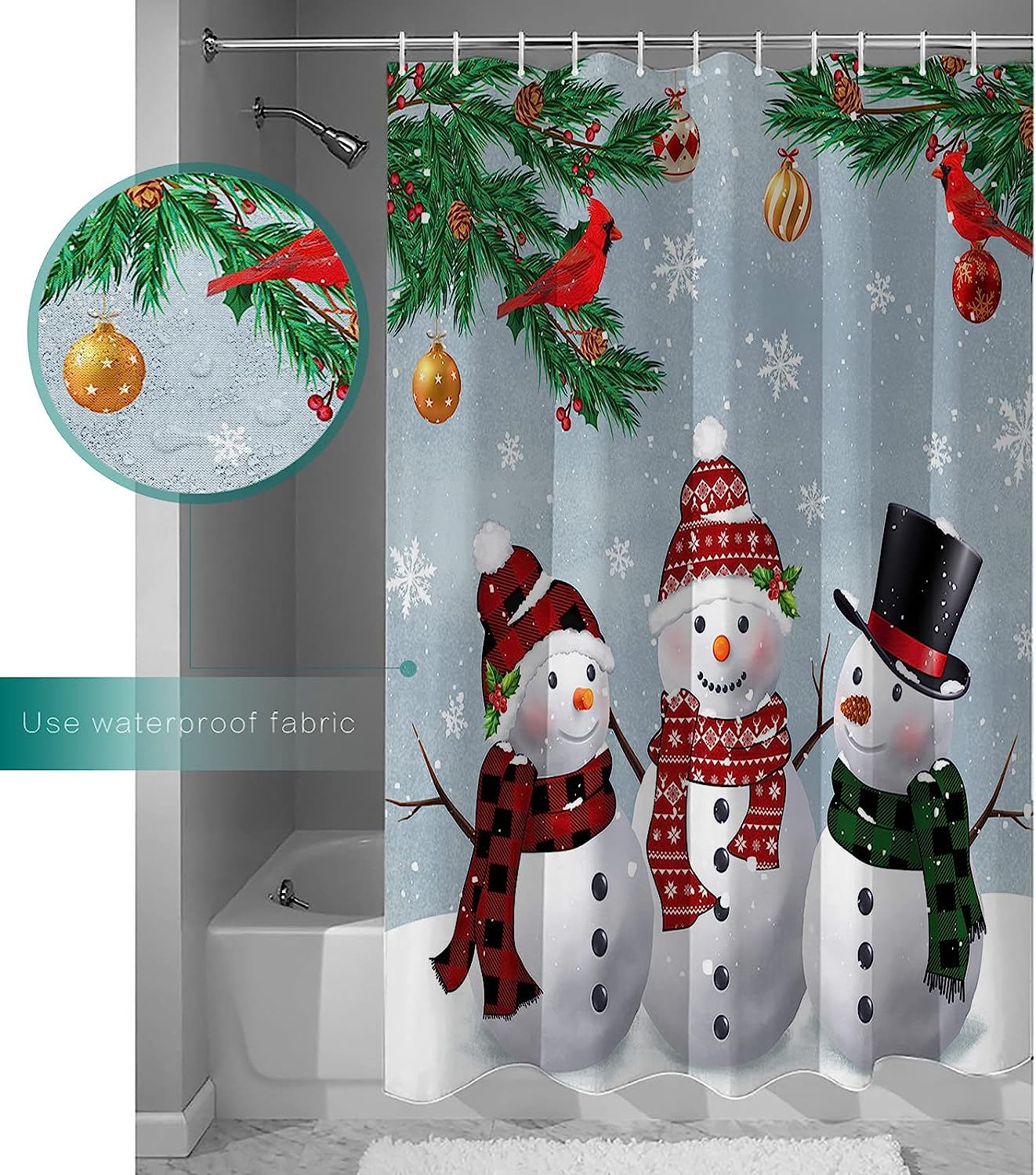 Snowflake Cardinals Snowman Luxury Shower Curtain for Bathroom