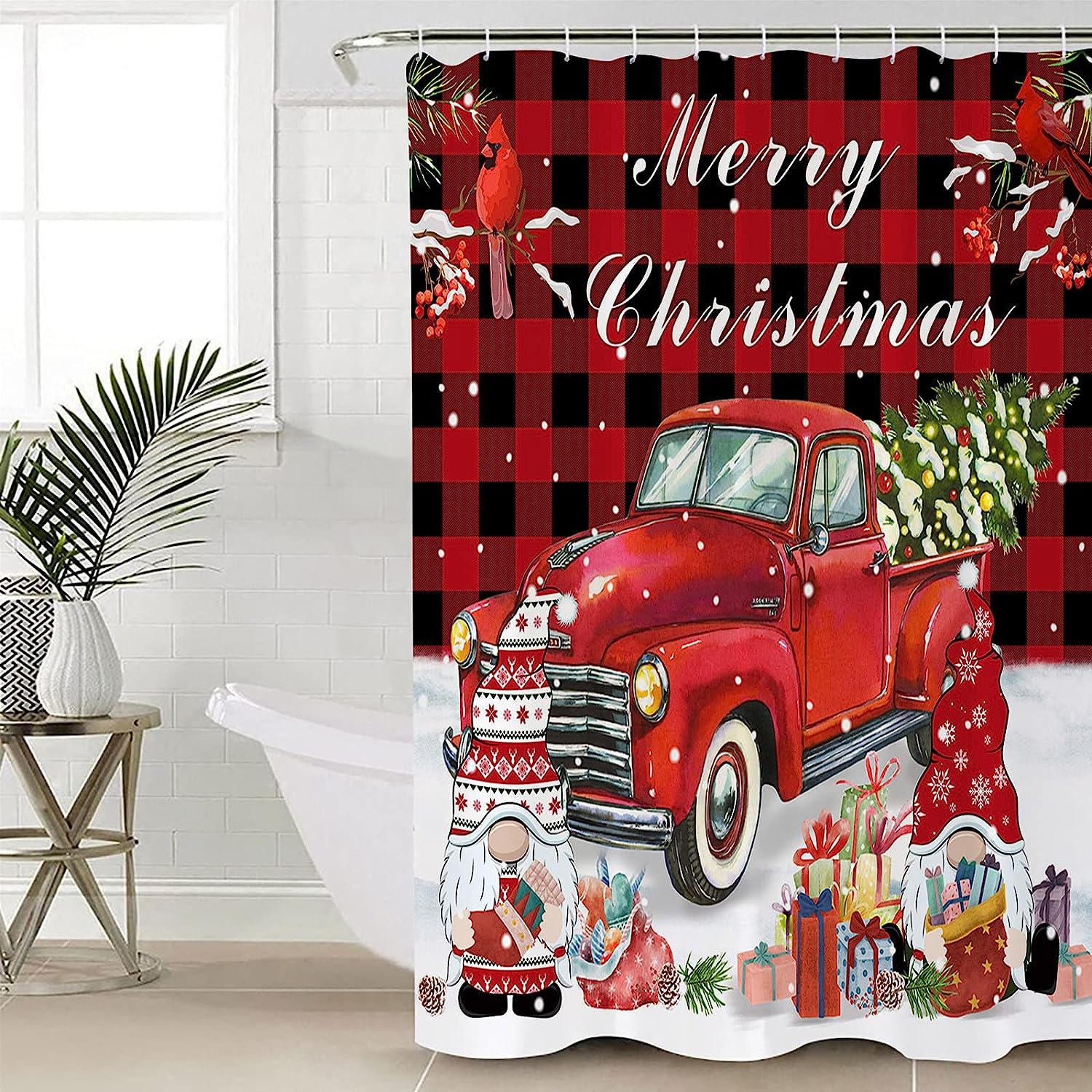 Snowflake Cardinals Xmas Tree Red Truck Christmas Gnome At Home Shower Curtain