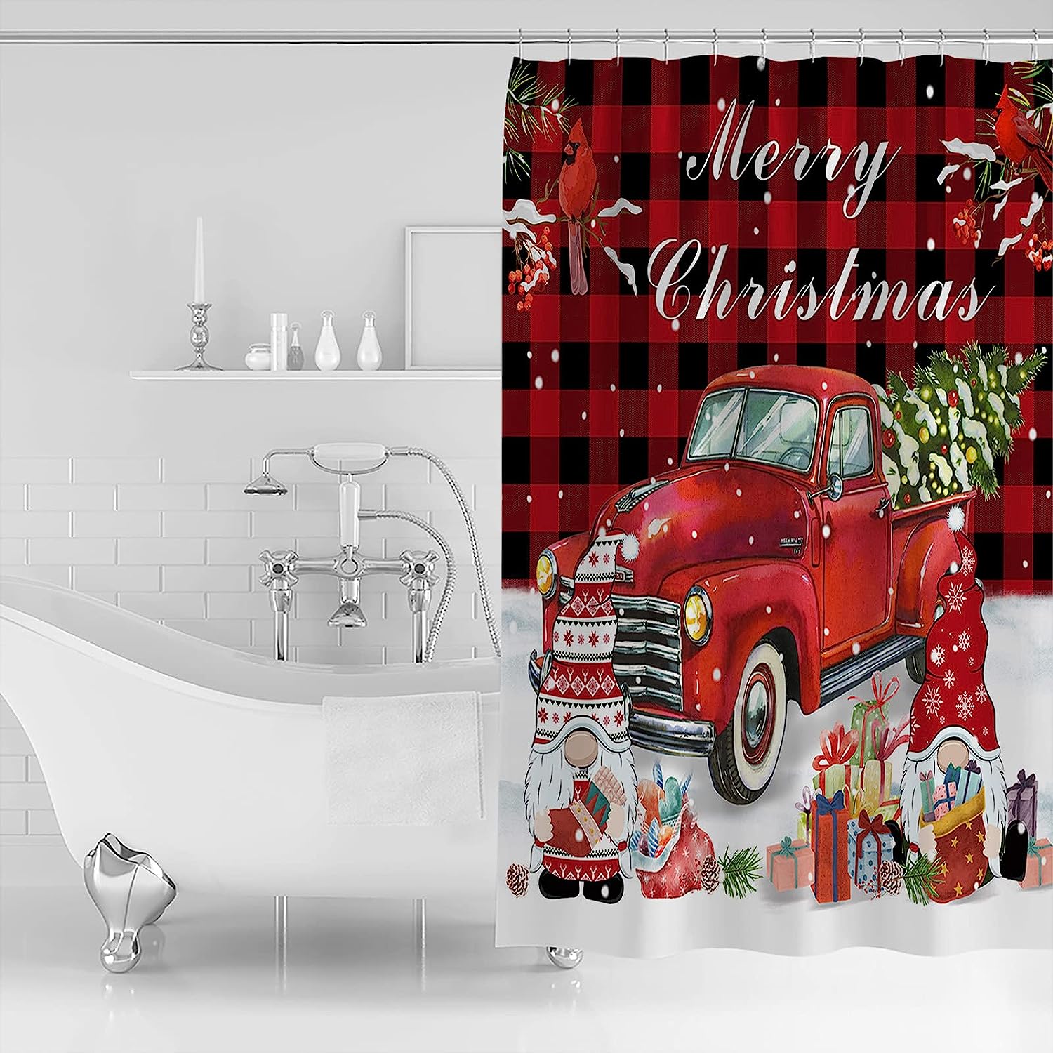 Snowflake Cardinals Xmas Tree Red Truck Christmas Gnome At Home Shower Curtain