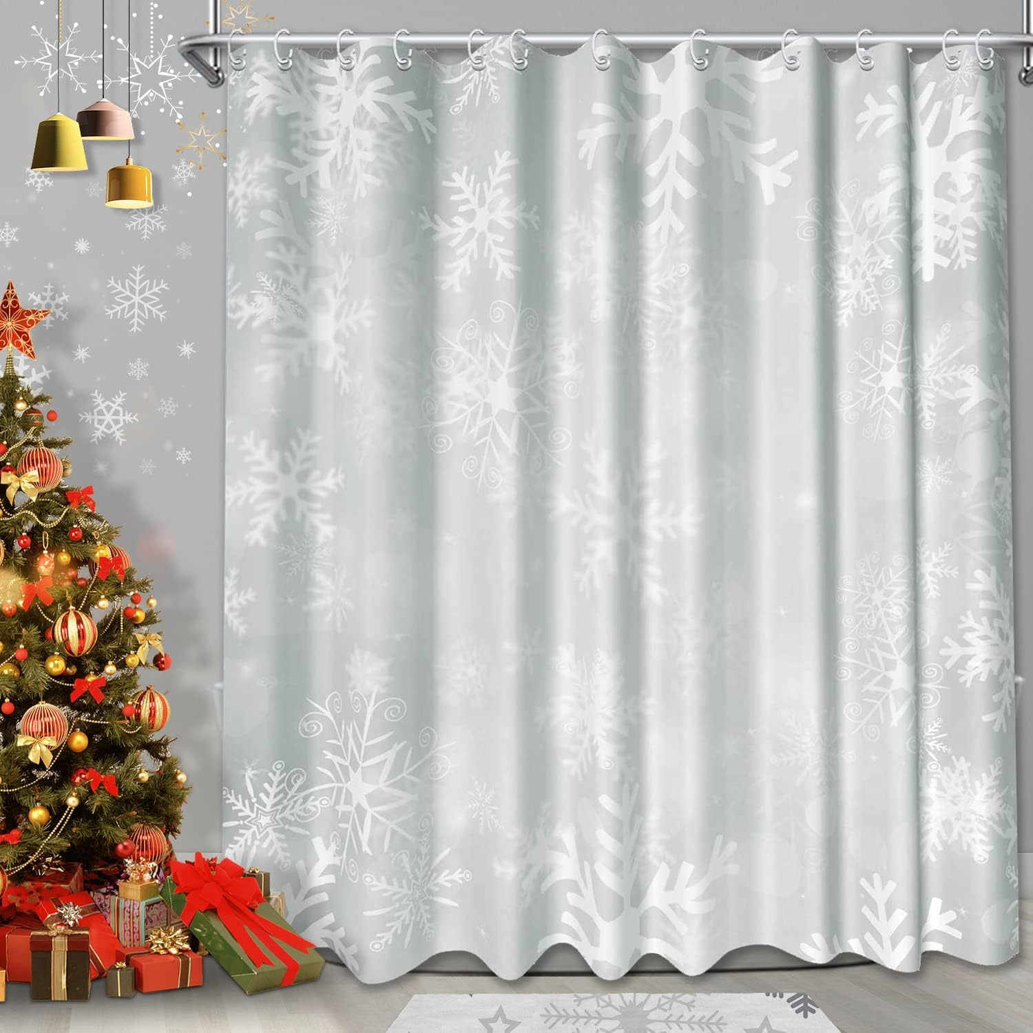 Snowflake Christmas Winter Print Full Size Shower Curtain, Home Bathroom Decor by Verngo
