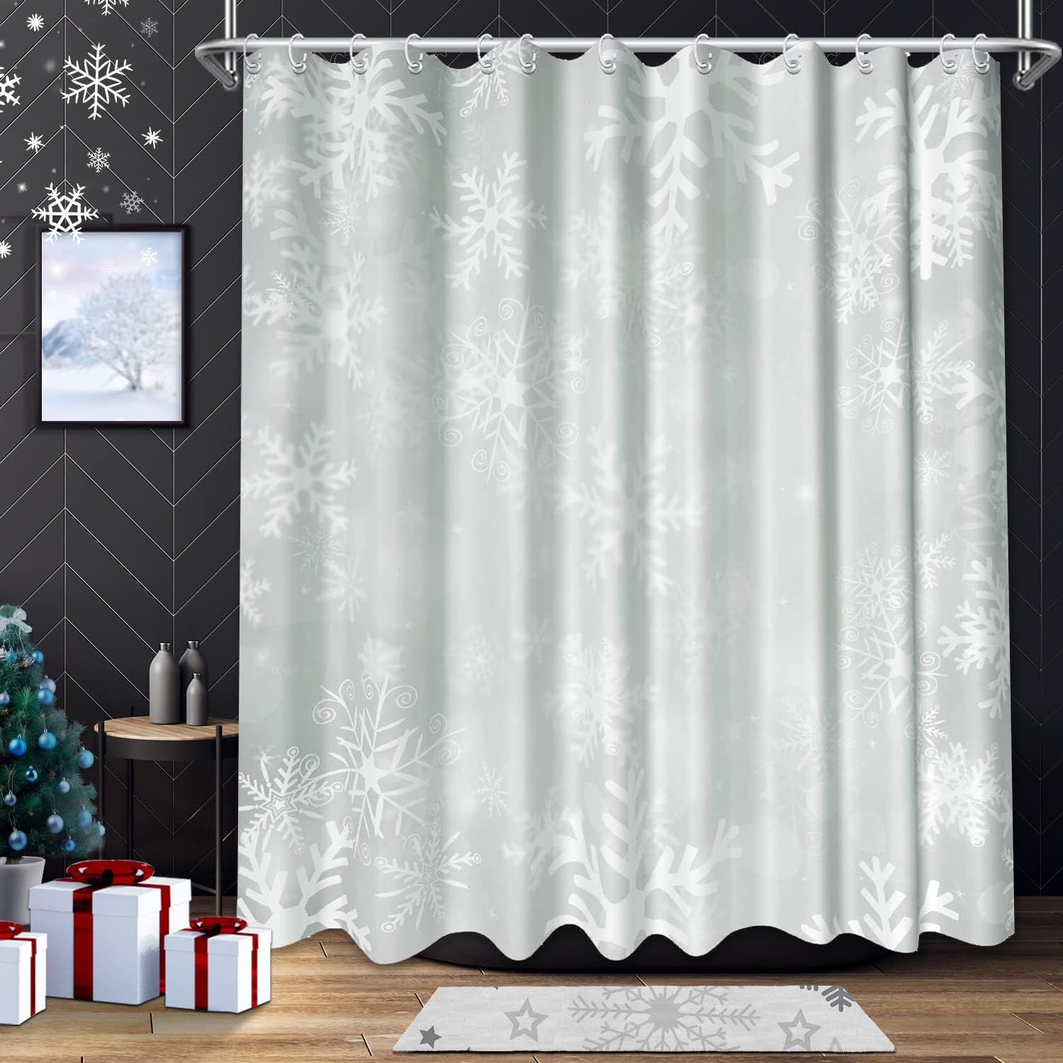 Snowflake Christmas Winter Print Full Size Shower Curtain, Home Bathroom Decor by Verngo