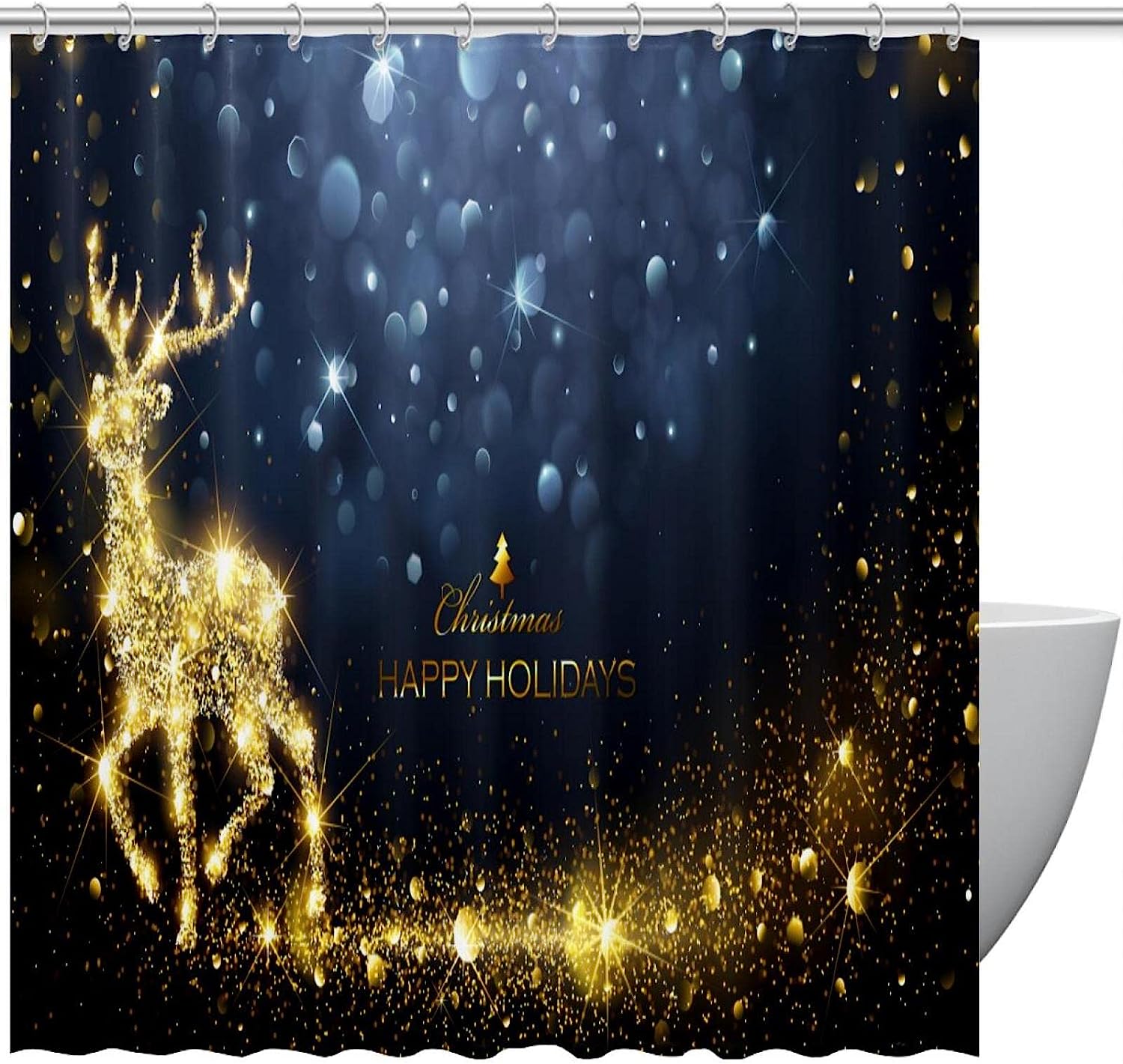 Snowflake Deer Golden Decorative Fabric Shower Curtain for Bathroom Decor