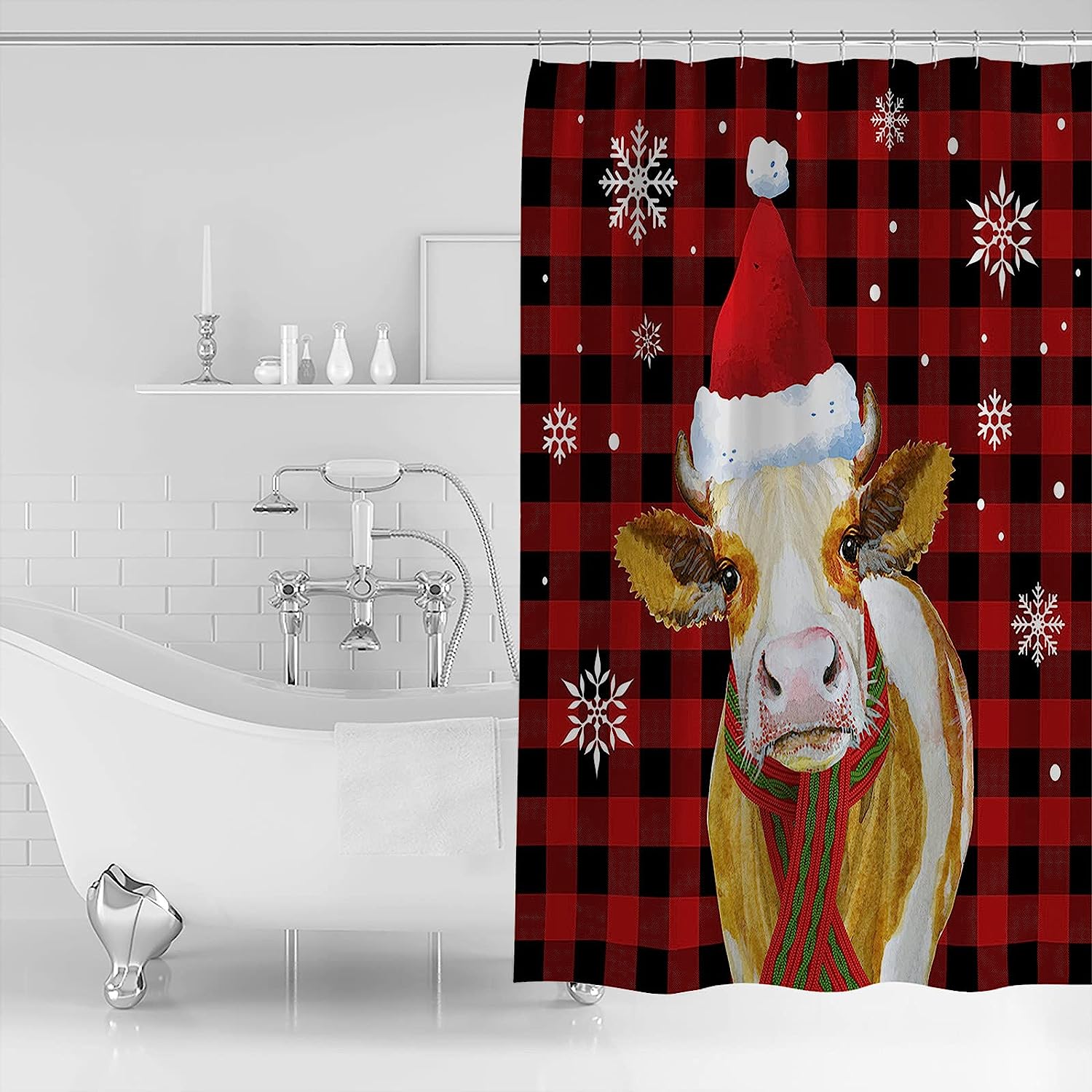 Snowflake Farm Cattle Shower Curtain For A Rustic Christmas Vibe - Image 2