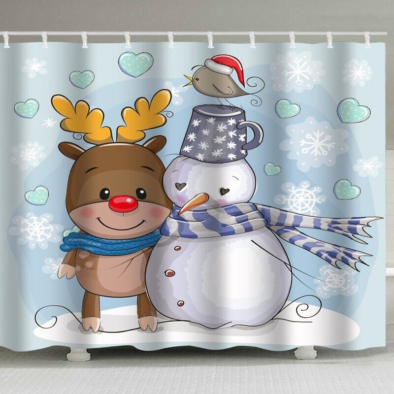 Snowflake Print Cartoon Christmas Snowman And Deer Fabric Shower Curtain