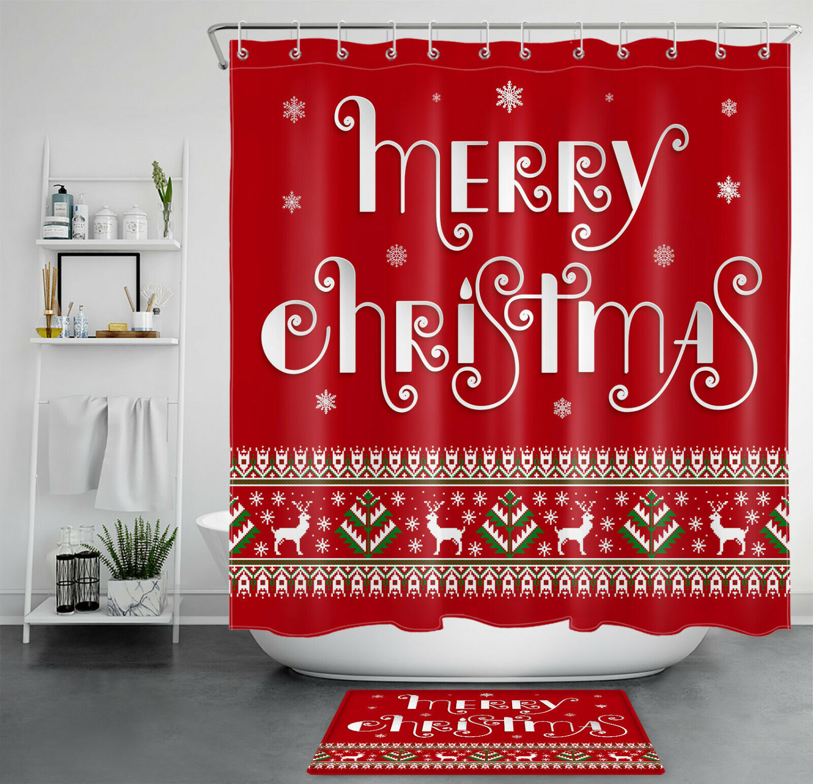 Snowflake Reindeer Fir Tree Red Christmas Shower Curtain - Modern Rustic Bathroom Decor