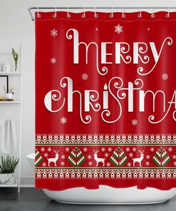Snowflake Reindeer Fir Tree Red Christmas Shower Curtain - Modern Rustic Bathroom Decor
